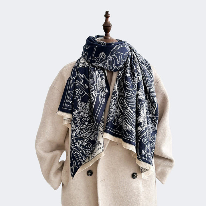 Buddha Stones Fall Pavilion Koi Fish Flowers Waves Pattern Cozy Scarf Shawl