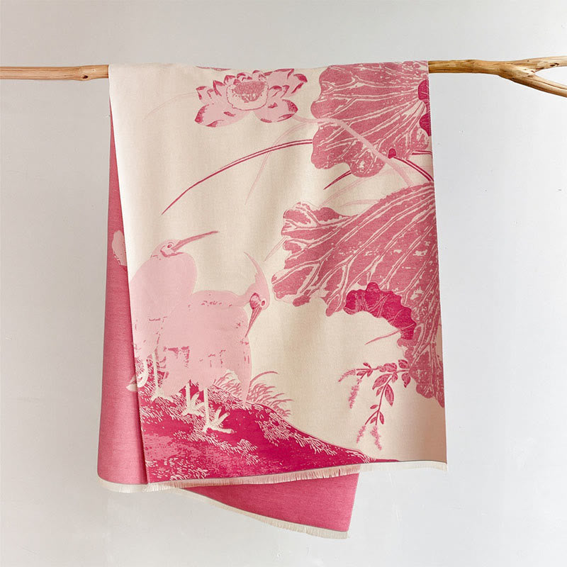 Buddha Stones Winter Stork Birds Lotus Flowers Leaves Pattern Soft Scarf Shawl