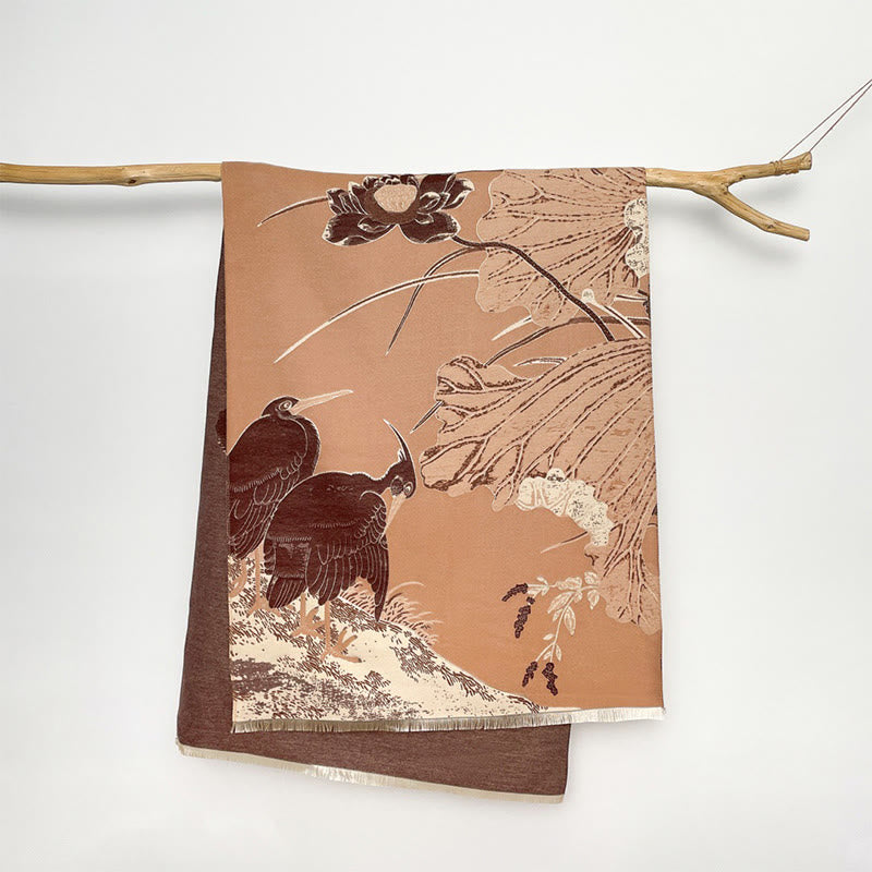 Buddha Stones Winter Stork Birds Lotus Flowers Leaves Pattern Soft Scarf Shawl
