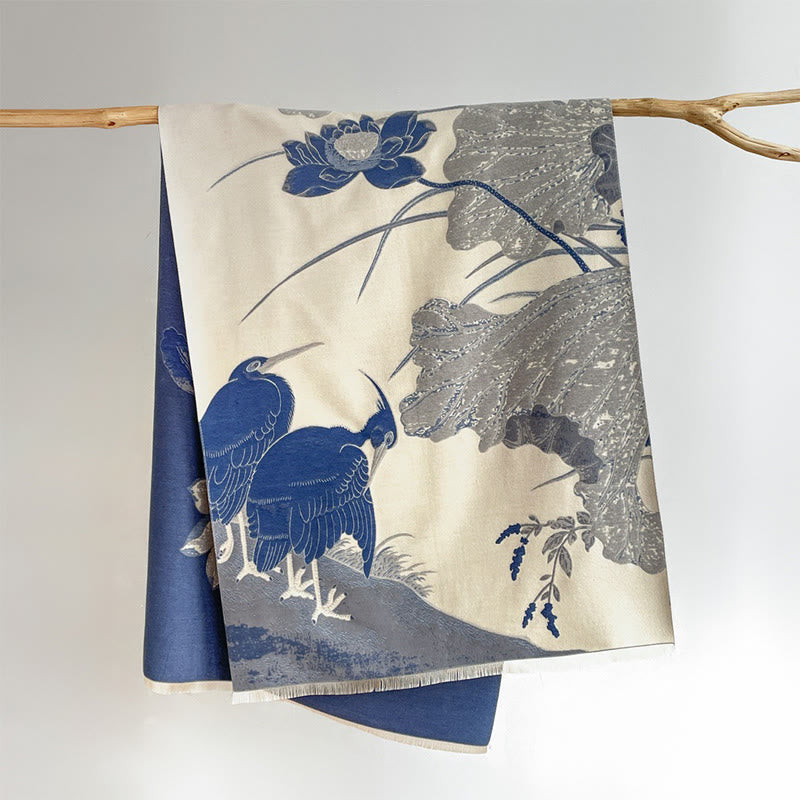 Buddha Stones Winter Stork Birds Lotus Flowers Leaves Pattern Soft Scarf Shawl