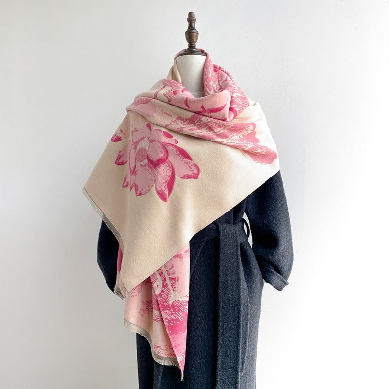 Buddha Stones Winter Stork Birds Lotus Flowers Leaves Pattern Soft Scarf Shawl