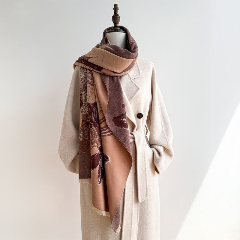 Buddha Stones Winter Stork Birds Lotus Flowers Leaves Pattern Soft Scarf Shawl