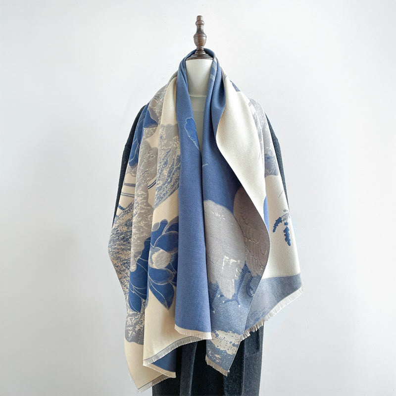 Buddha Stones Winter Stork Birds Lotus Flowers Leaves Pattern Soft Scarf Shawl