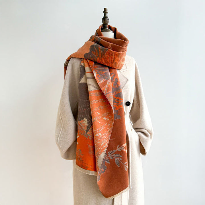 Buddha Stones Winter Stork Birds Lotus Flowers Leaves Pattern Soft Scarf Shawl