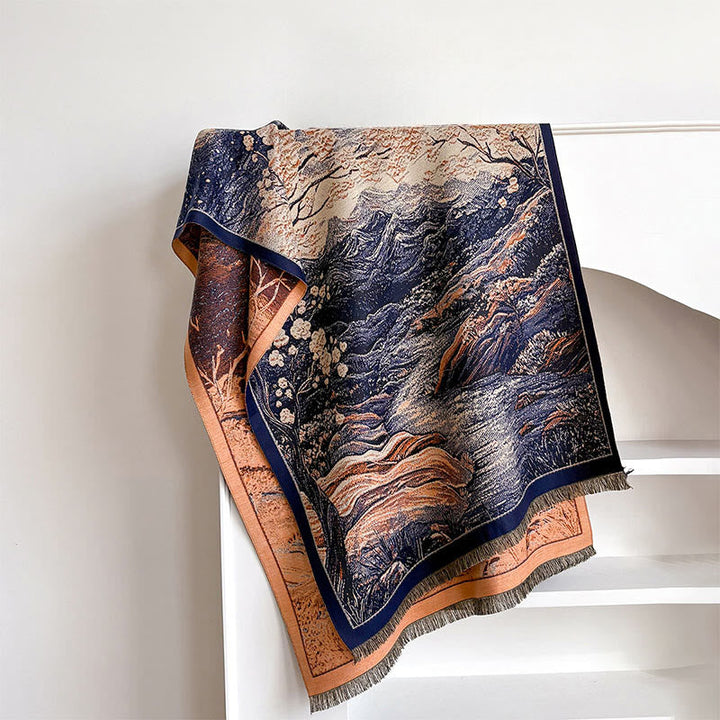 Buddha Stones Winter Gradient Color Warm Hills Trees Pattern Cozy Scarf Shawl