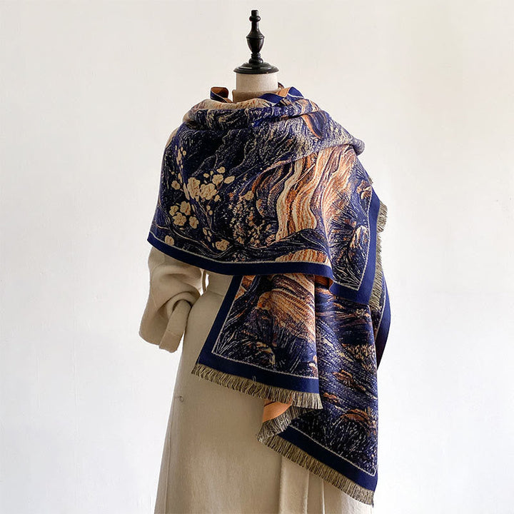 Buddha Stones Winter Gradient Color Warm Hills Trees Pattern Cozy Scarf Shawl