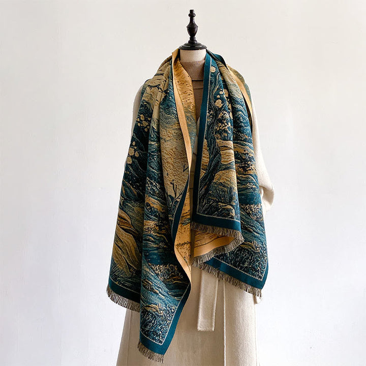 Buddha Stones Winter Gradient Color Warm Hills Trees Pattern Cozy Scarf Shawl