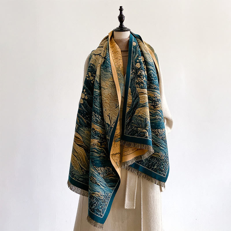 Buddha Stones Winter Gradient Color Warm Hills Trees Pattern Cozy Scarf Shawl