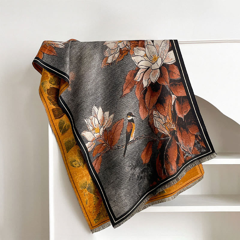 Buddha Stones Winter White Magnolia Flowers Little Bird Pattern Warm Cozy Scarf Shawl