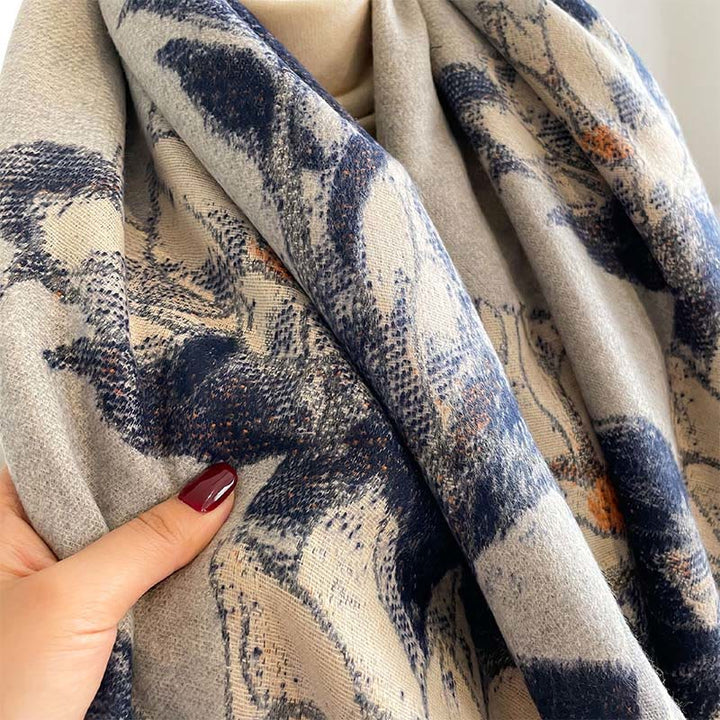 Buddha Stones Winter White Magnolia Flowers Little Bird Pattern Warm Cozy Scarf Shawl