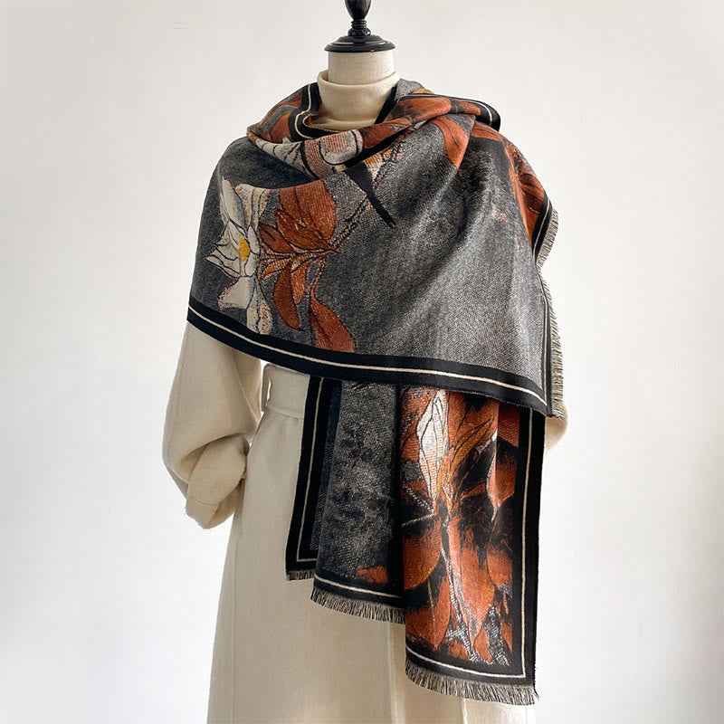 Buddha Stones Winter White Magnolia Flowers Little Bird Pattern Warm Cozy Scarf Shawl