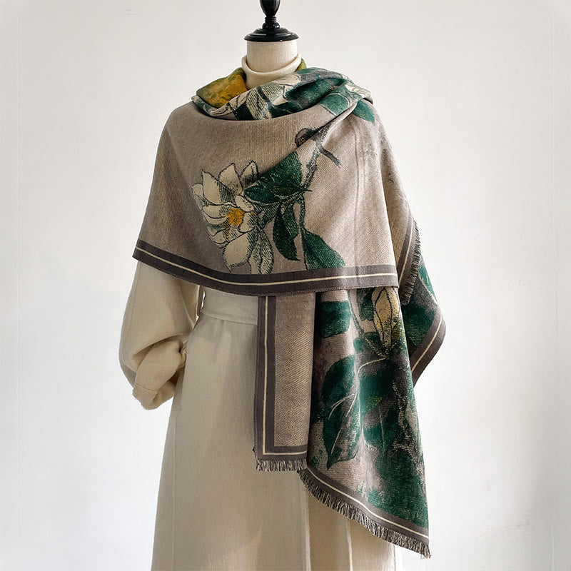 Buddha Stones Winter White Magnolia Flowers Little Bird Pattern Warm Cozy Scarf Shawl