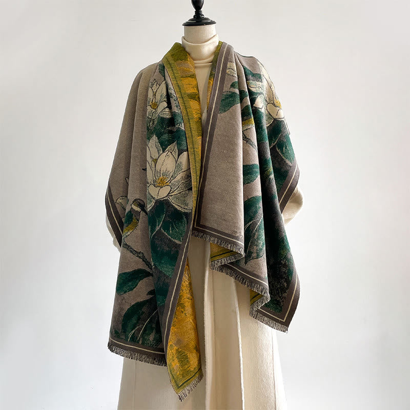 Buddha Stones Winter White Magnolia Flowers Little Bird Pattern Warm Cozy Scarf Shawl