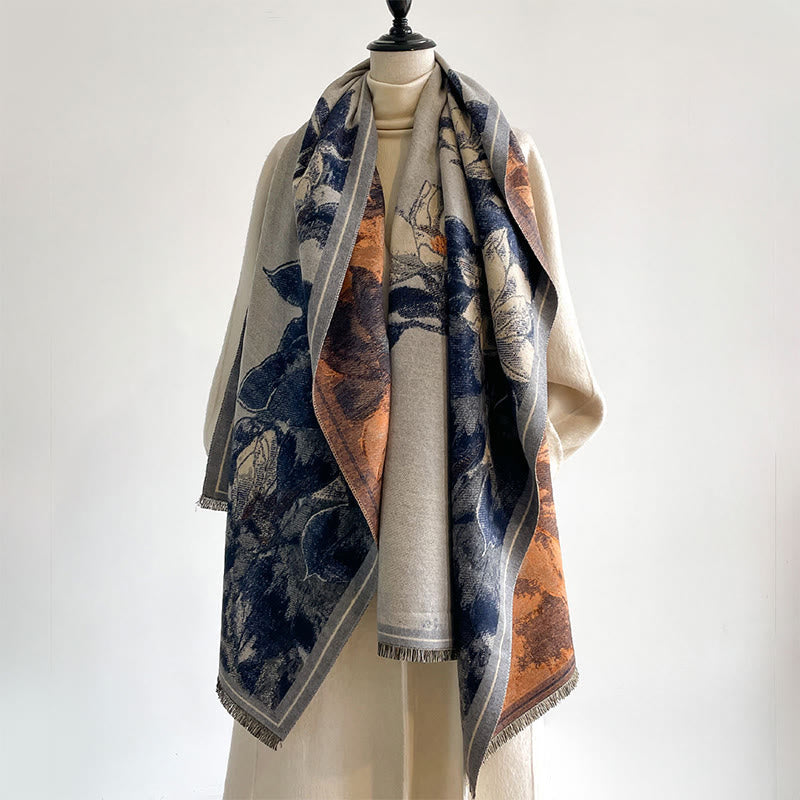 Buddha Stones Winter White Magnolia Flowers Little Bird Pattern Warm Cozy Scarf Shawl