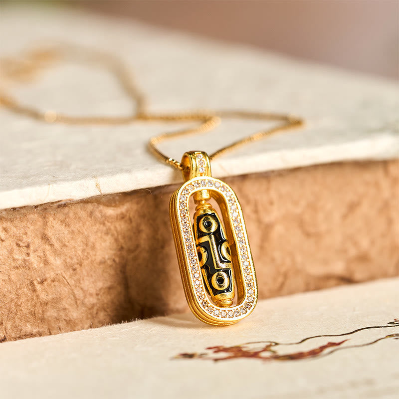 BWOOOH 24k Gold Plated Brass Nine-eye Dzi Bead Auspicious Pattern Wealth Pendant Necklace