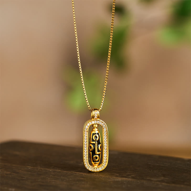BWOOOH 24k Gold Plated Brass Nine-eye Dzi Bead Auspicious Pattern Wealth Pendant Necklace