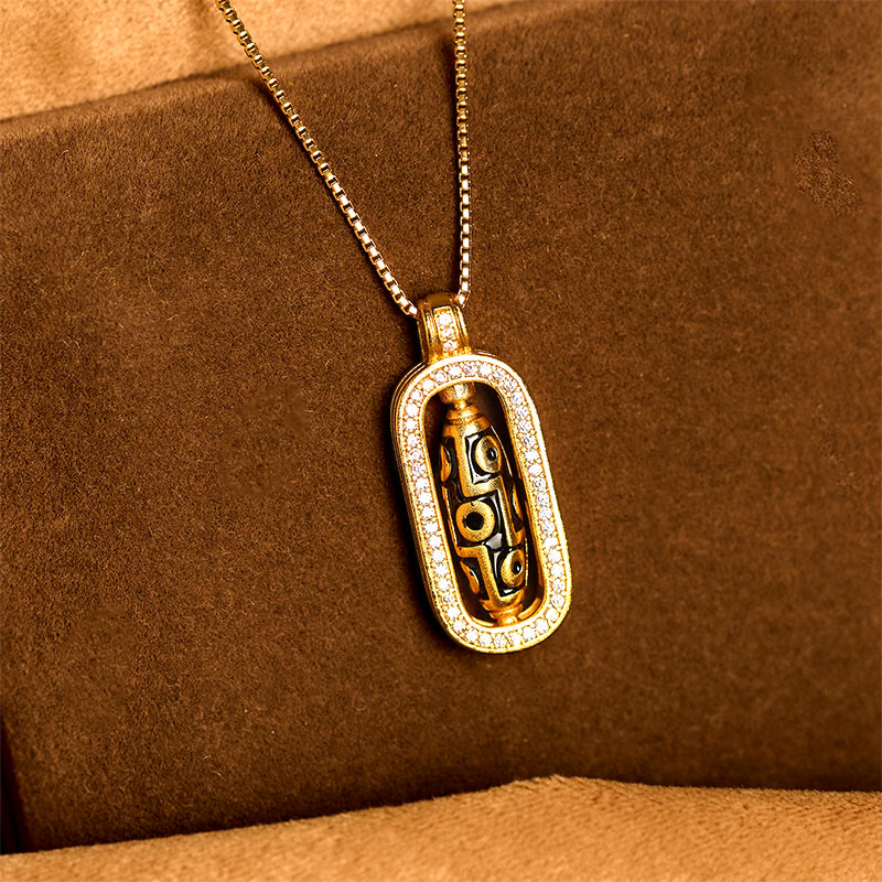BWOOOH 24k Gold Plated Brass Nine-eye Dzi Bead Auspicious Pattern Wealth Pendant Necklace
