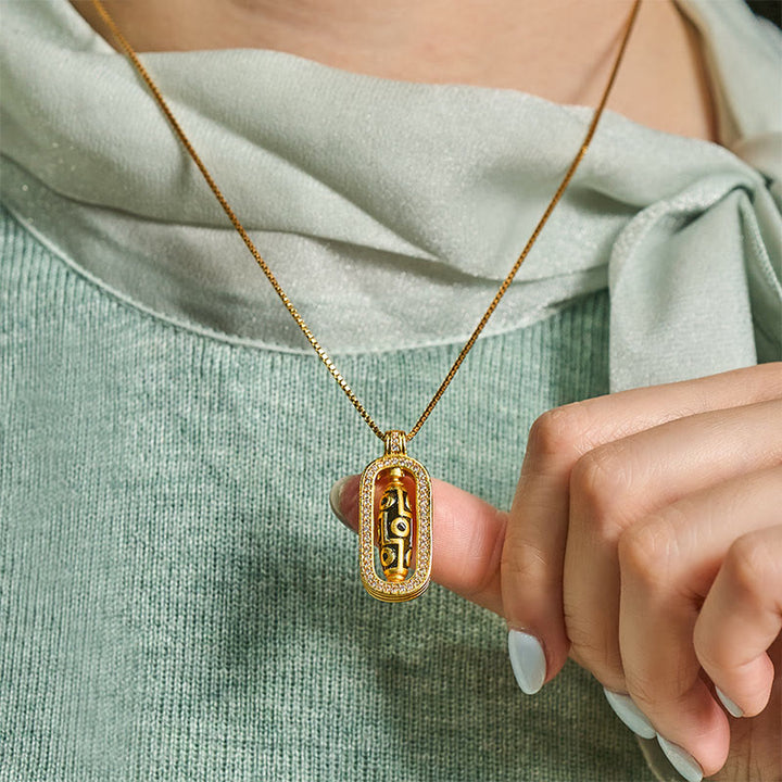BWOOOH 24k Gold Plated Brass Nine-eye Dzi Bead Auspicious Pattern Wealth Pendant Necklace