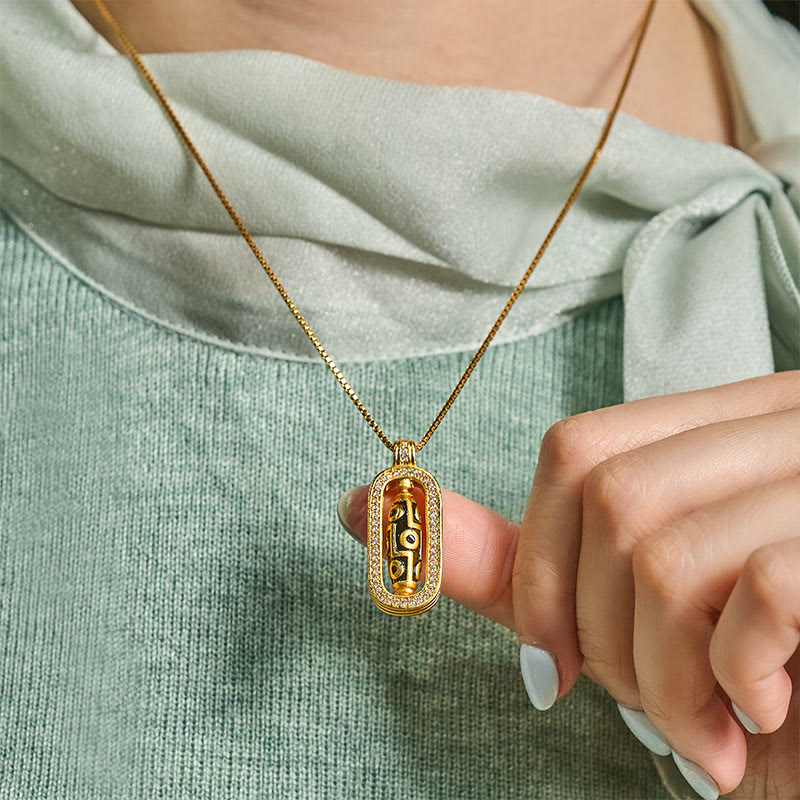 BWOOOH 24k Gold Plated Brass Nine-eye Dzi Bead Auspicious Pattern Wealth Pendant Necklace
