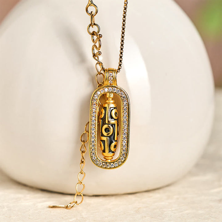 BWOOOH 24k Gold Plated Brass Nine-eye Dzi Bead Auspicious Pattern Wealth Pendant Necklace