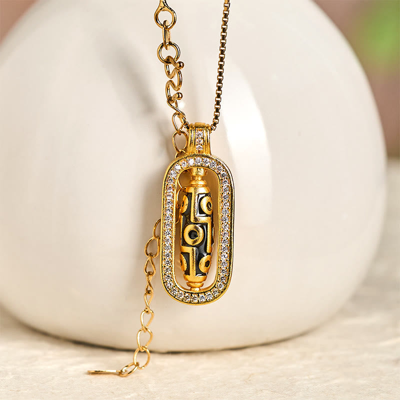 BWOOOH 24k Gold Plated Brass Nine-eye Dzi Bead Auspicious Pattern Wealth Pendant Necklace