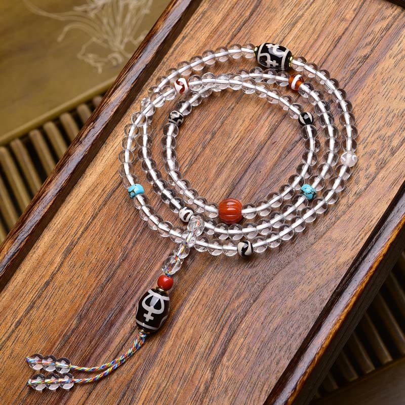 Buddha Stones 108 Beads Liuli Crystal Dzi Bead Agate Blessings Tassel Mala