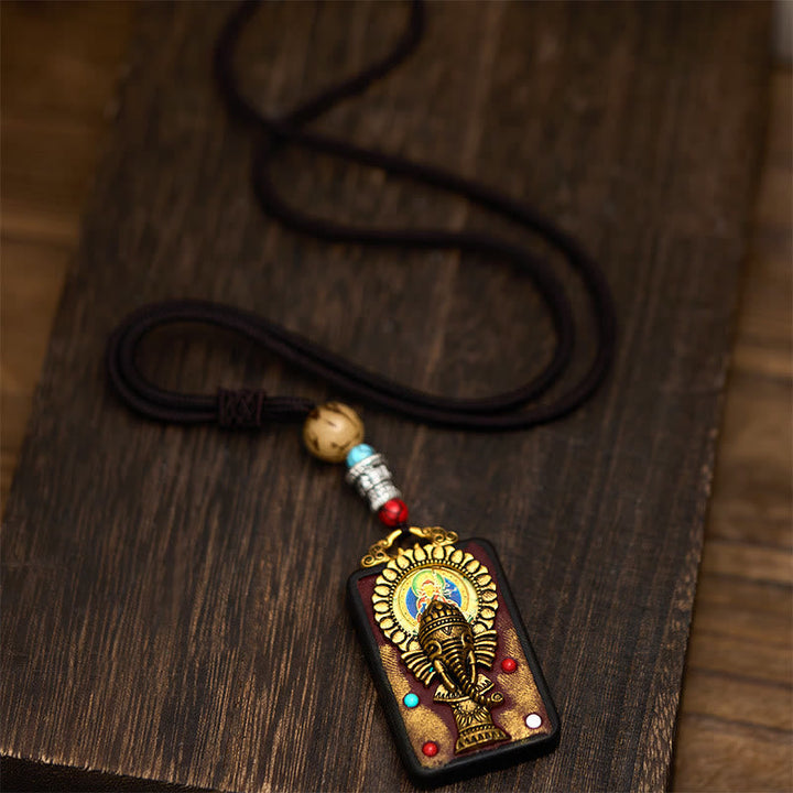 BWOOOH Tibetan Ganesh Ganpati Elephant Ebony Wood Rope Peace Necklace Pendant