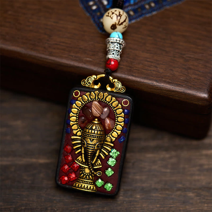 BWOOOH Tibetan Ganesh Ganpati Elephant Ebony Wood Rope Peace Necklace Pendant