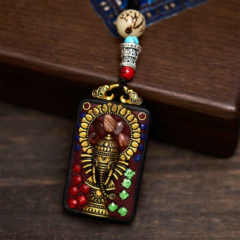 BWOOOH Tibetan Ganesh Ganpati Elephant Ebony Wood Rope Peace Necklace Pendant