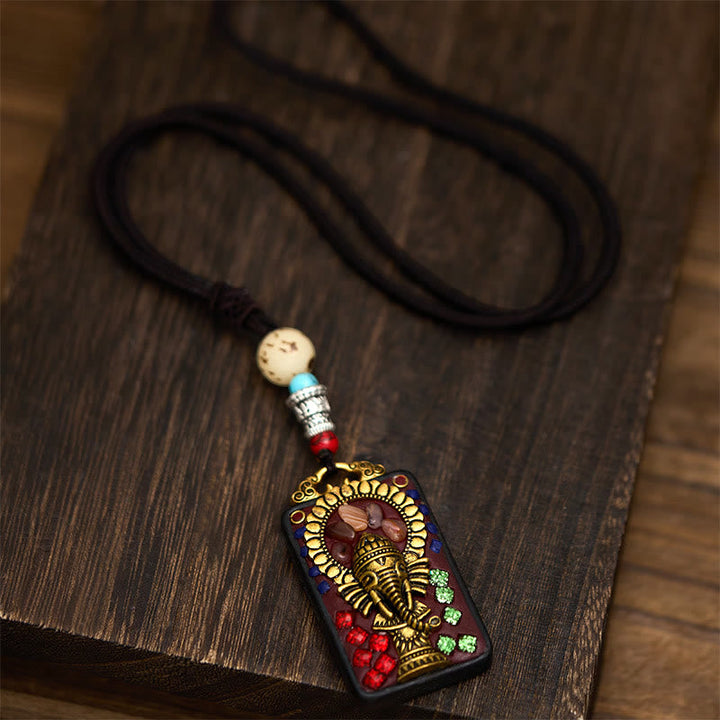 BWOOOH Tibetan Ganesh Ganpati Elephant Ebony Wood Rope Peace Necklace Pendant