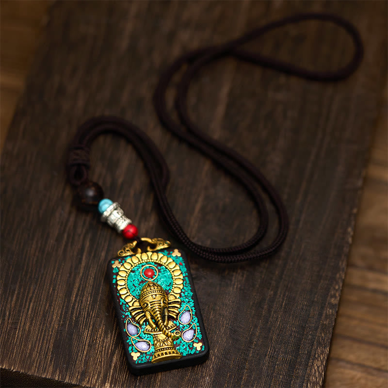 BWOOOH Tibetan Ganesh Ganpati Elephant Ebony Wood Rope Peace Necklace Pendant