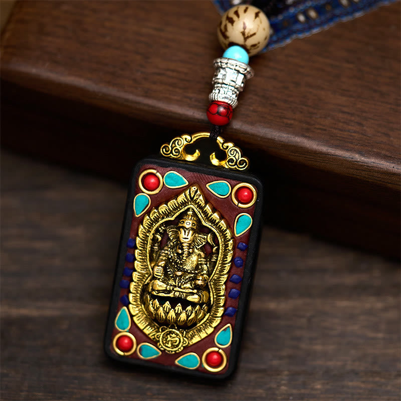BWOOOH Tibetan Ganesh Ganpati Elephant Ebony Wood Rope Peace Necklace Pendant