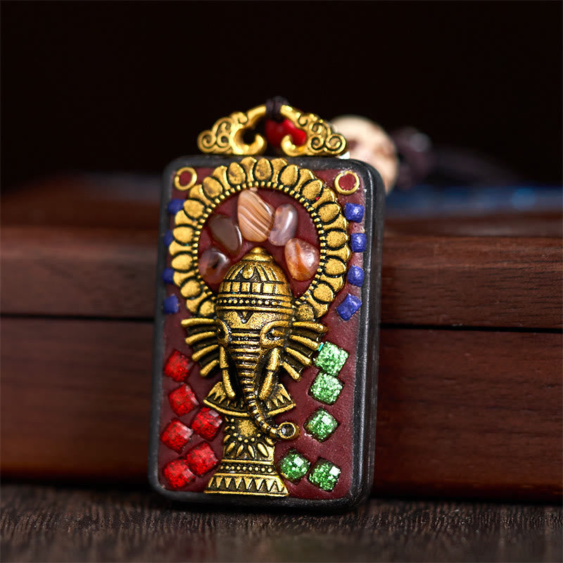 BWOOOH Tibetan Ganesh Ganpati Elephant Ebony Wood Rope Peace Necklace Pendant