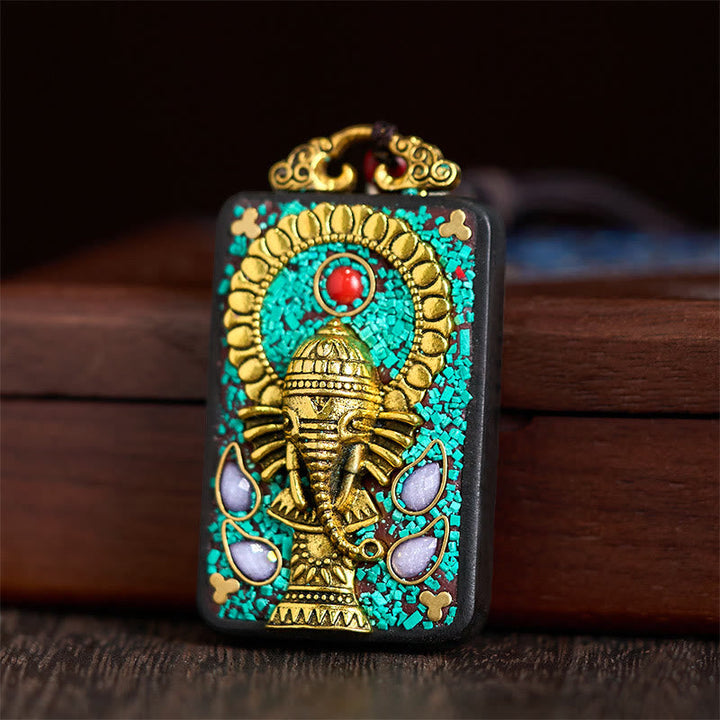BWOOOH Tibetan Ganesh Ganpati Elephant Ebony Wood Rope Peace Necklace Pendant