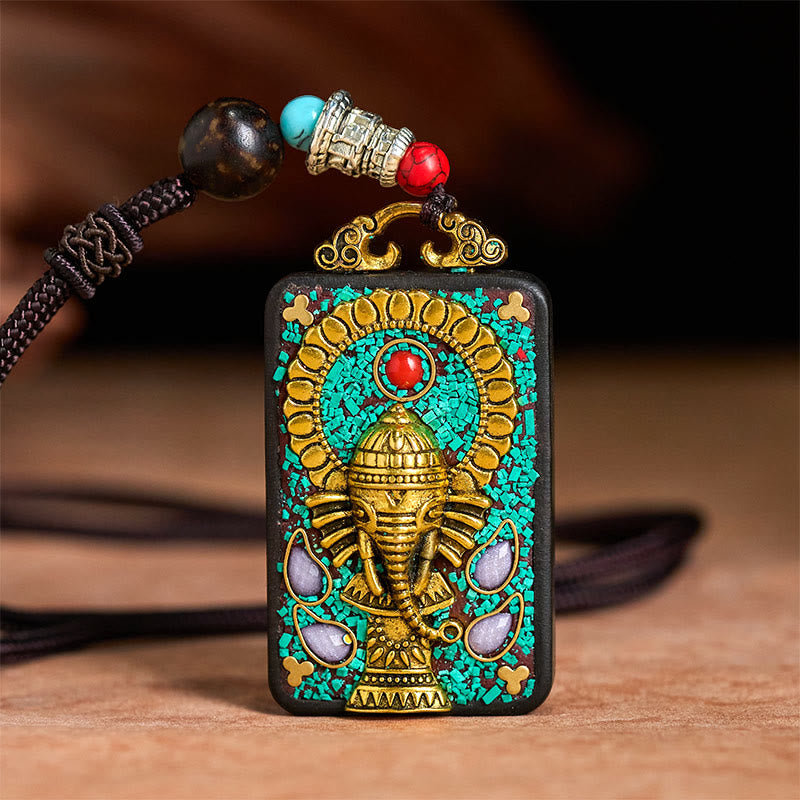 BWOOOH Tibetan Ganesh Ganpati Elephant Ebony Wood Rope Peace Necklace Pendant