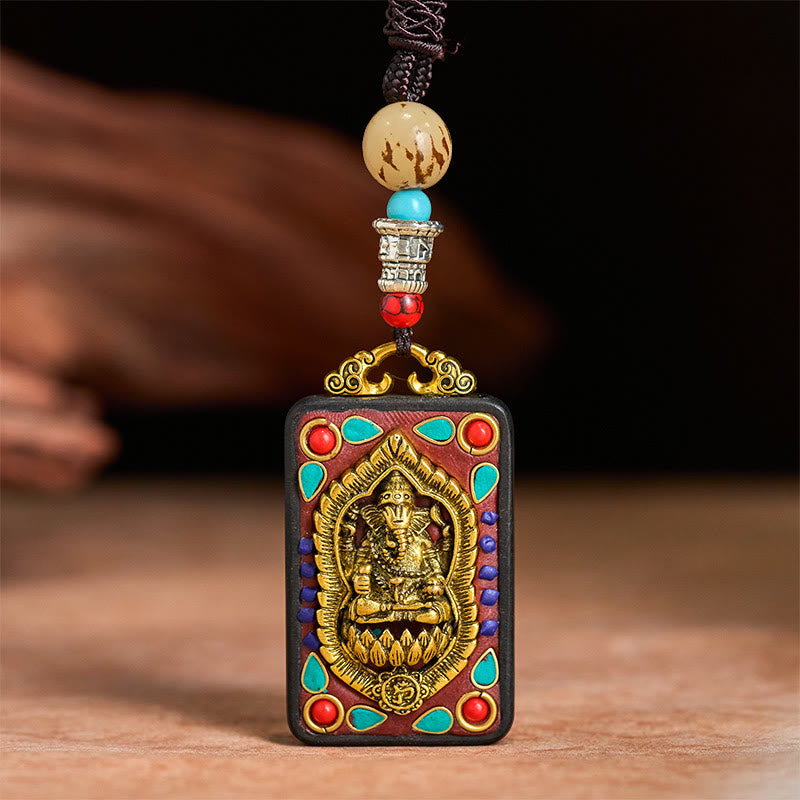 BWOOOH Tibetan Ganesh Ganpati Elephant Ebony Wood Rope Peace Necklace Pendant