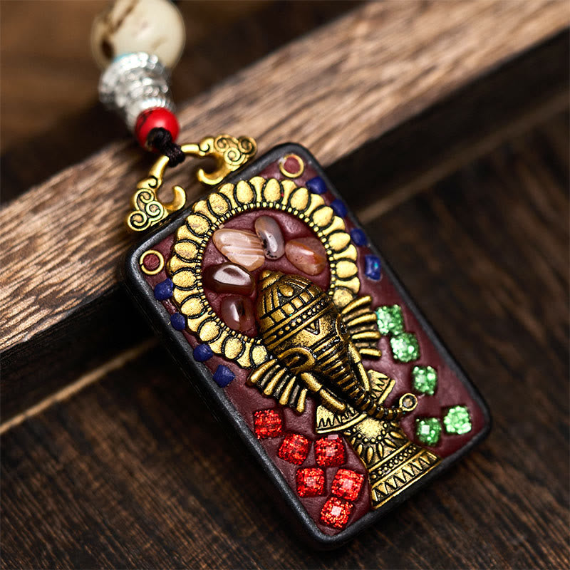 BWOOOH Tibetan Ganesh Ganpati Elephant Ebony Wood Rope Peace Necklace Pendant