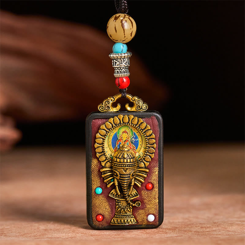 BWOOOH Tibetan Ganesh Ganpati Elephant Ebony Wood Rope Peace Necklace Pendant