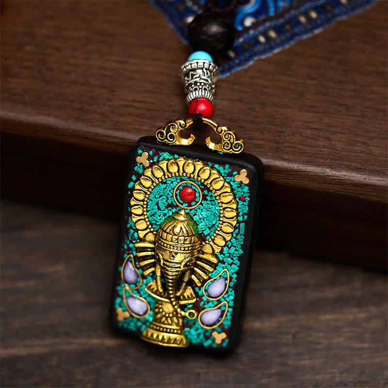 BWOOOH Tibetan Ganesh Ganpati Elephant Ebony Wood Rope Peace Necklace Pendant