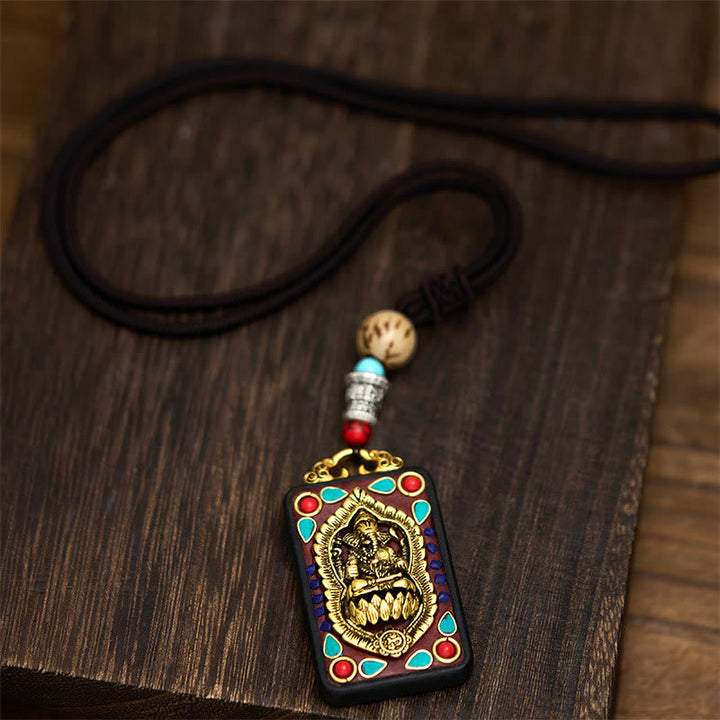 BWOOOH Tibetan Ganesh Ganpati Elephant Ebony Wood Rope Peace Necklace Pendant