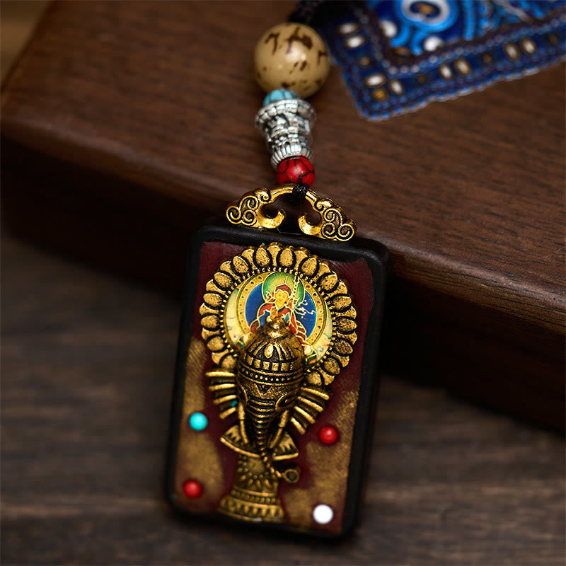 BWOOOH Tibetan Ganesh Ganpati Elephant Ebony Wood Rope Peace Necklace Pendant