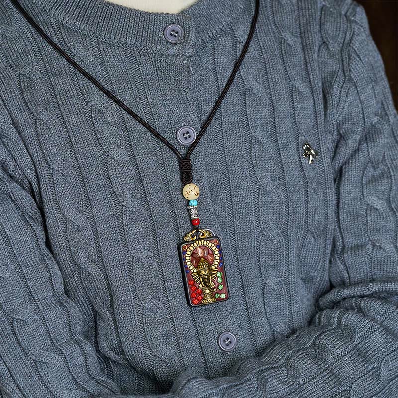 BWOOOH Tibetan Ganesh Ganpati Elephant Ebony Wood Rope Peace Necklace Pendant