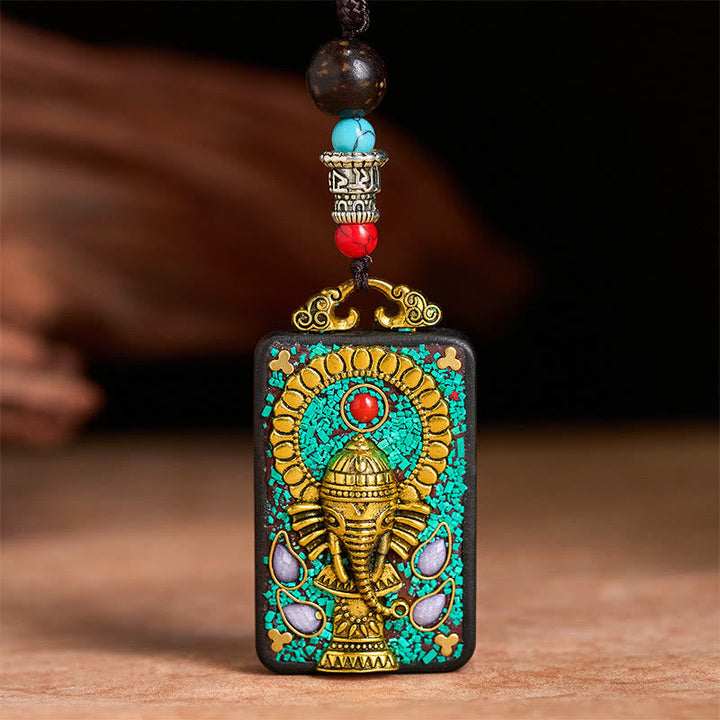 BWOOOH Tibetan Ganesh Ganpati Elephant Ebony Wood Rope Peace Necklace Pendant