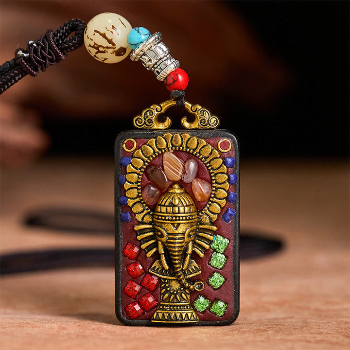 BWOOOH Tibetan Ganesh Ganpati Elephant Ebony Wood Rope Peace Necklace Pendant