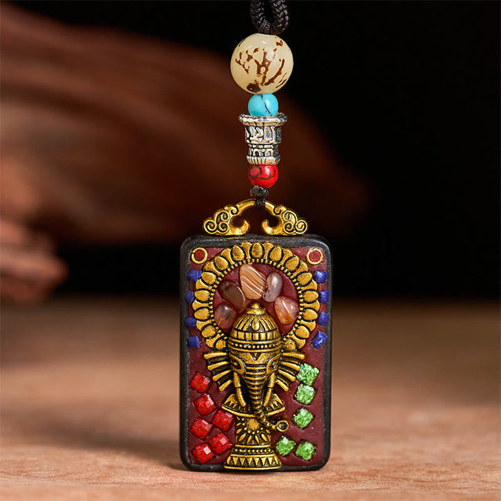 BWOOOH Tibetan Ganesh Ganpati Elephant Ebony Wood Rope Peace Necklace Pendant