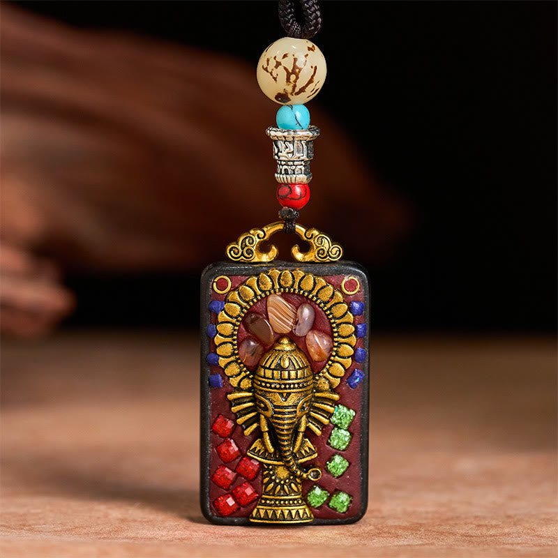 BWOOOH Tibetan Ganesh Ganpati Elephant Ebony Wood Rope Peace Necklace Pendant