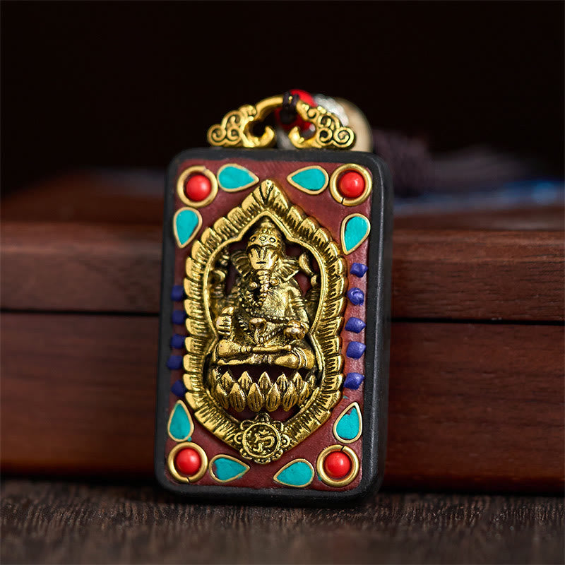 BWOOOH Tibetan Ganesh Ganpati Elephant Ebony Wood Rope Peace Necklace Pendant