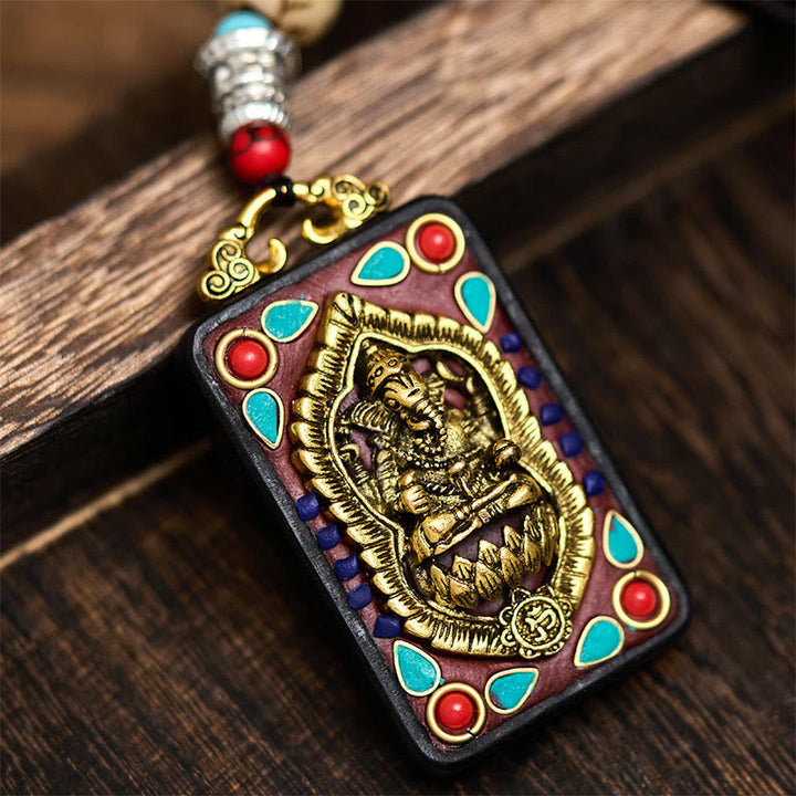 BWOOOH Tibetan Ganesh Ganpati Elephant Ebony Wood Rope Peace Necklace Pendant
