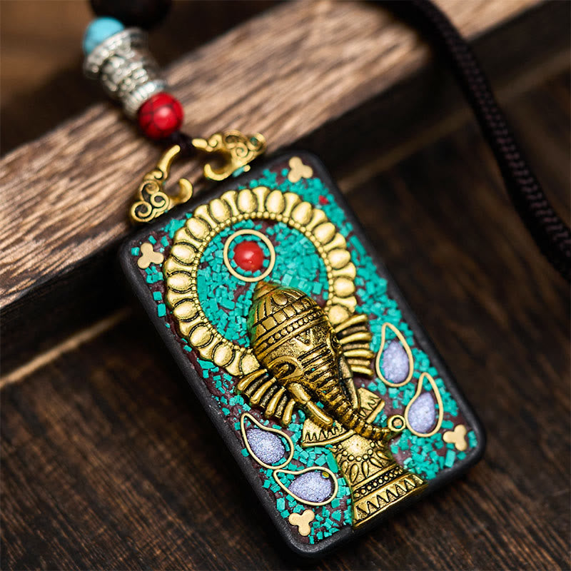 BWOOOH Tibetan Ganesh Ganpati Elephant Ebony Wood Rope Peace Necklace Pendant