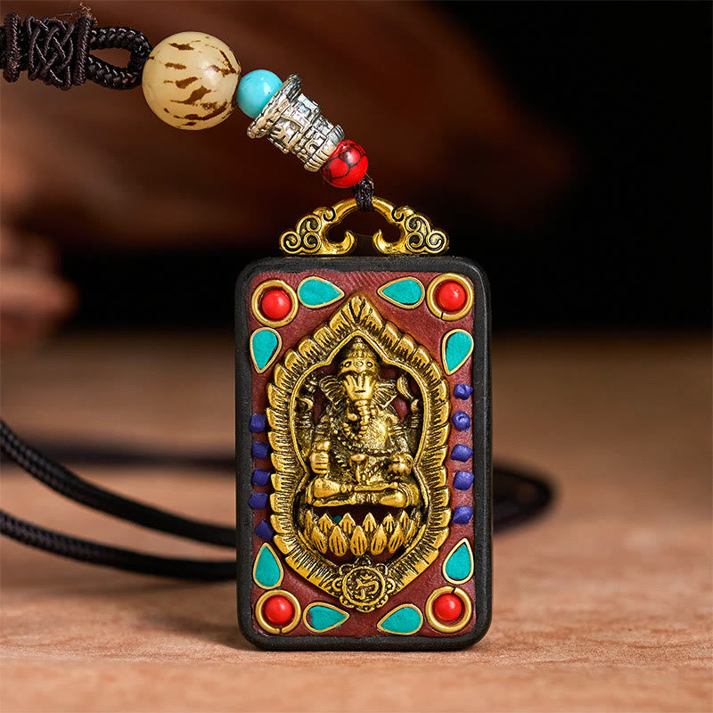 BWOOOH Tibetan Ganesh Ganpati Elephant Ebony Wood Rope Peace Necklace Pendant